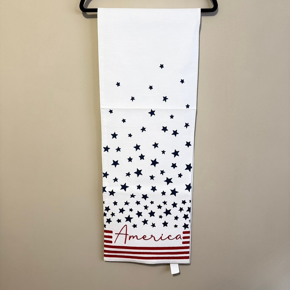 Patriotic America Stars and Stripes Cotton Table Runner White Red Blue 72"x13" - Picture 2 of 4